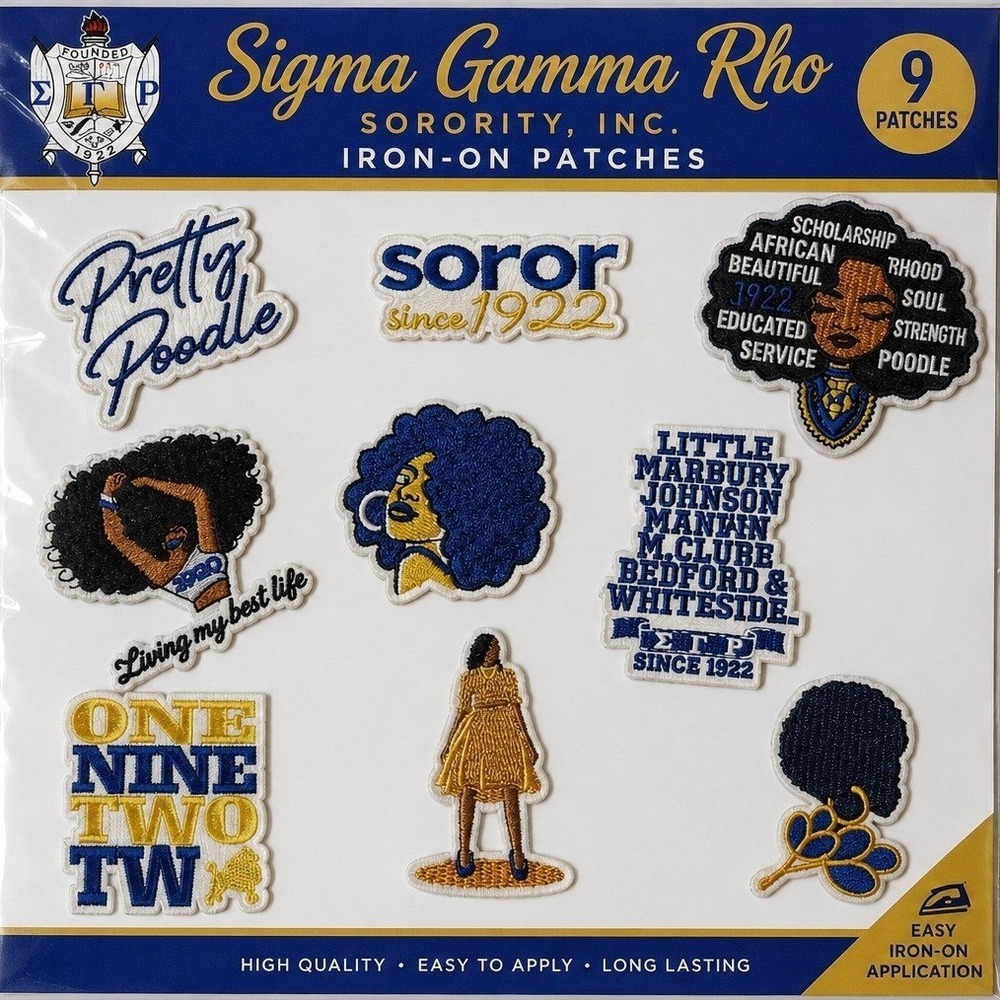 Sigma Gamma Rho Sorority 9-Piece Iron-On Patch Set SGRho Blue Gold Pretty Poodle